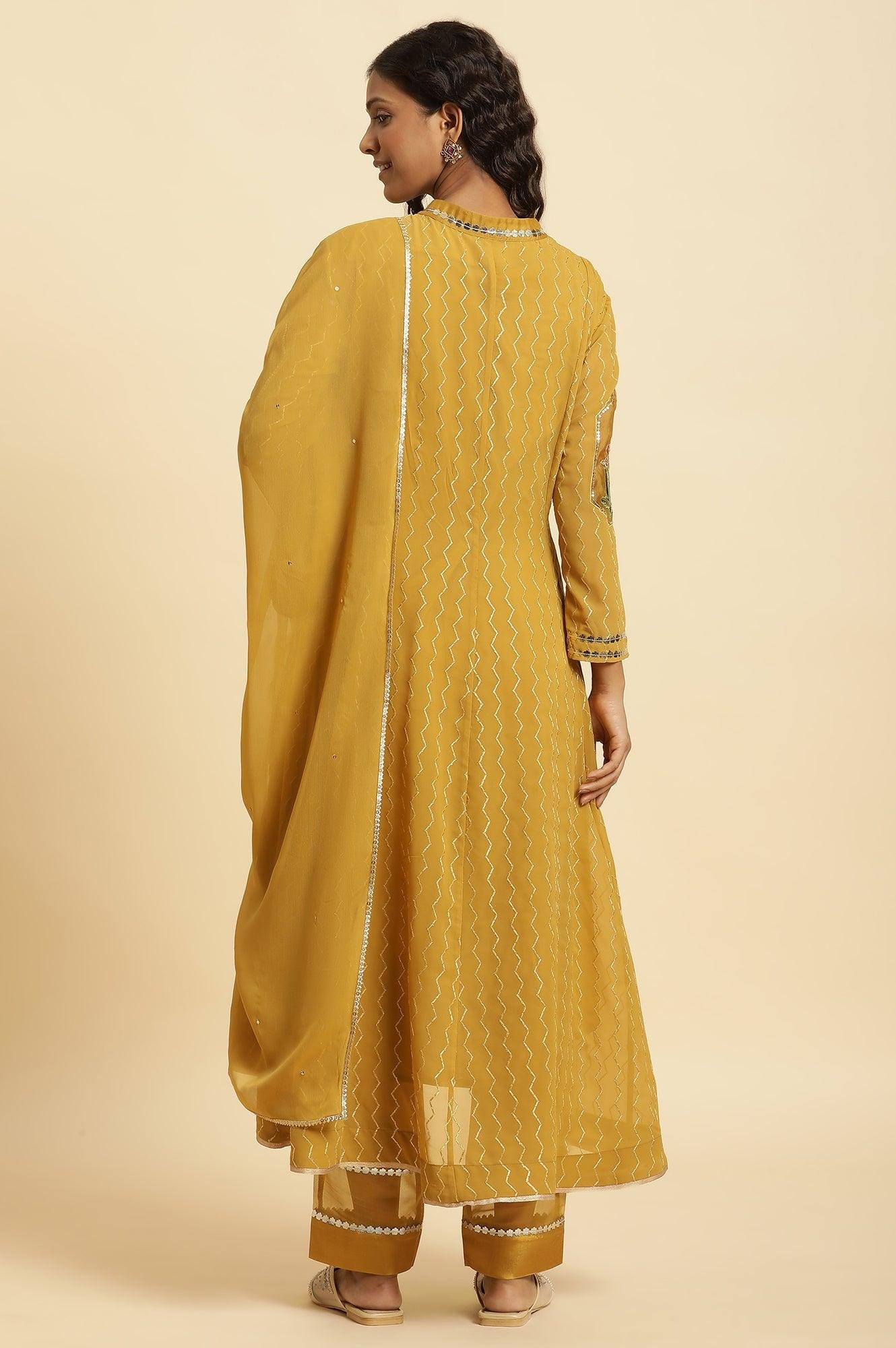 Yellow Embroidered Kurta, Pants And Dupatta Set - Image 7