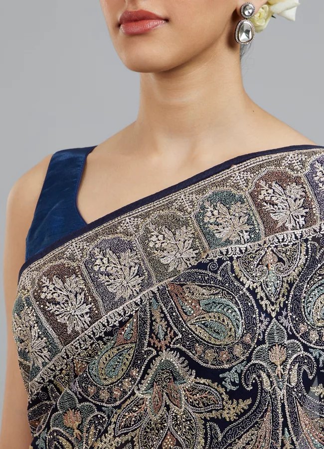 Indigo Blue Georgette Festive Saree - Image 2
