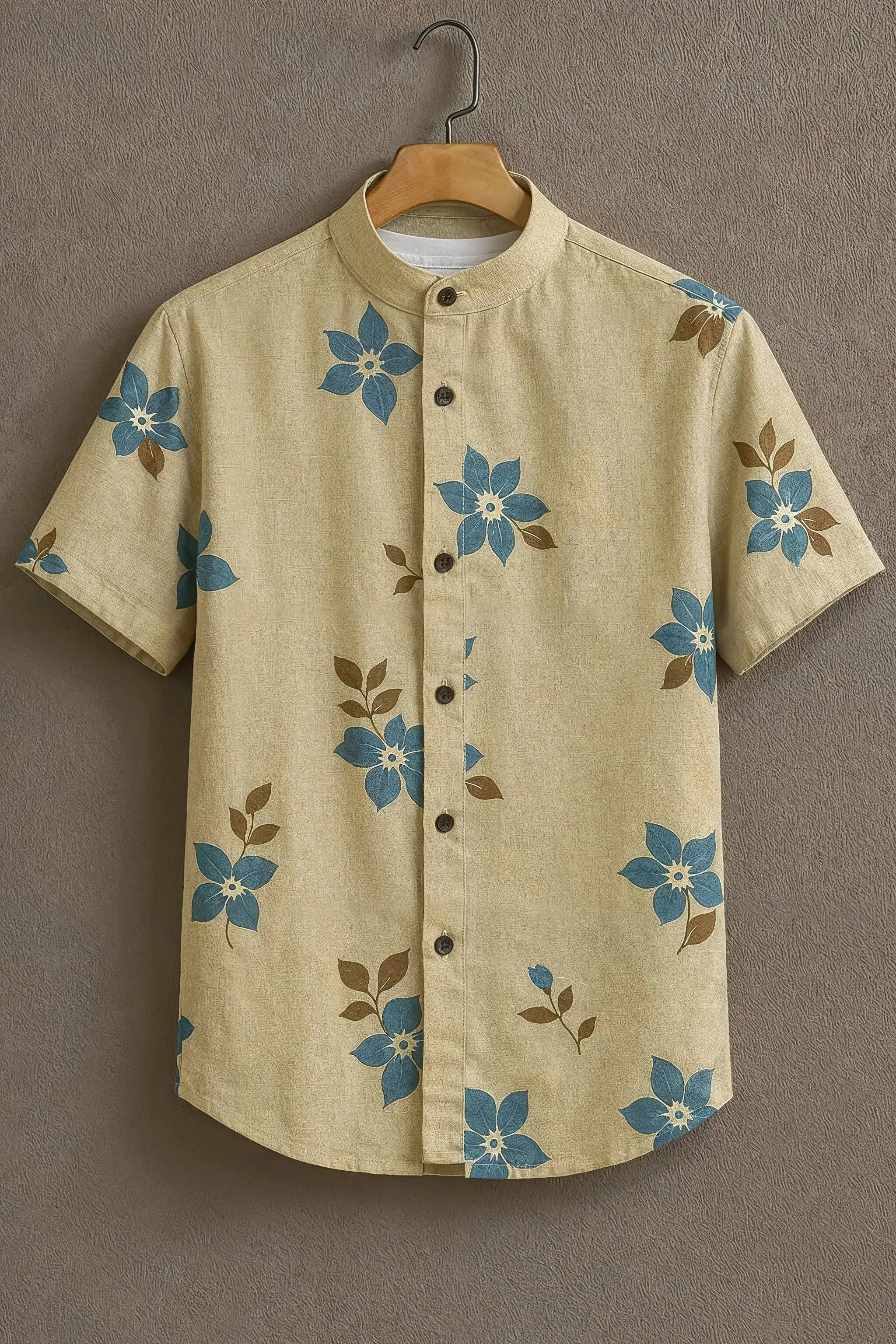 Beige Casual Shirt with Blue Floral Print - Image 1
