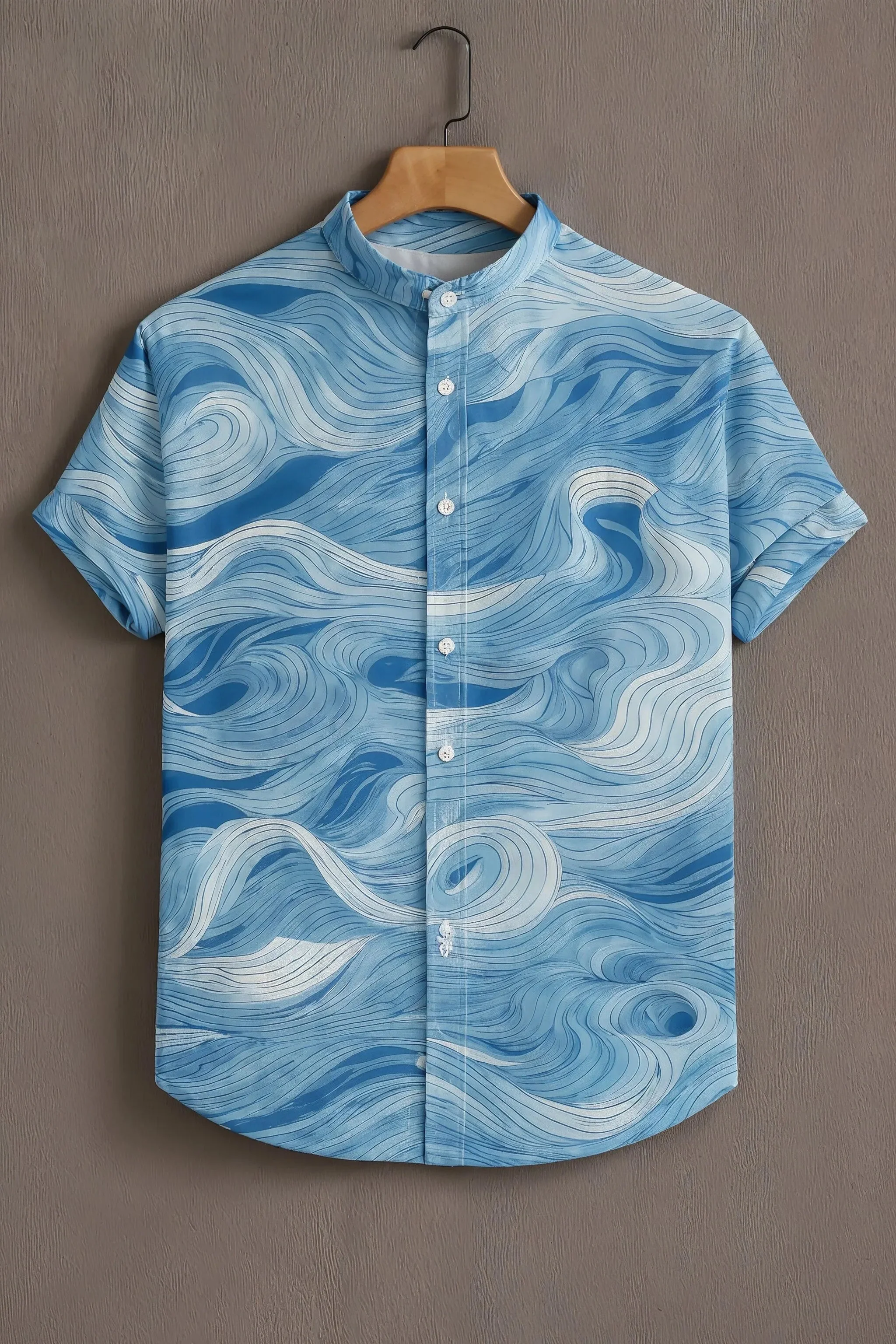 Blue Casual Shirt with Wave Print - Image 1