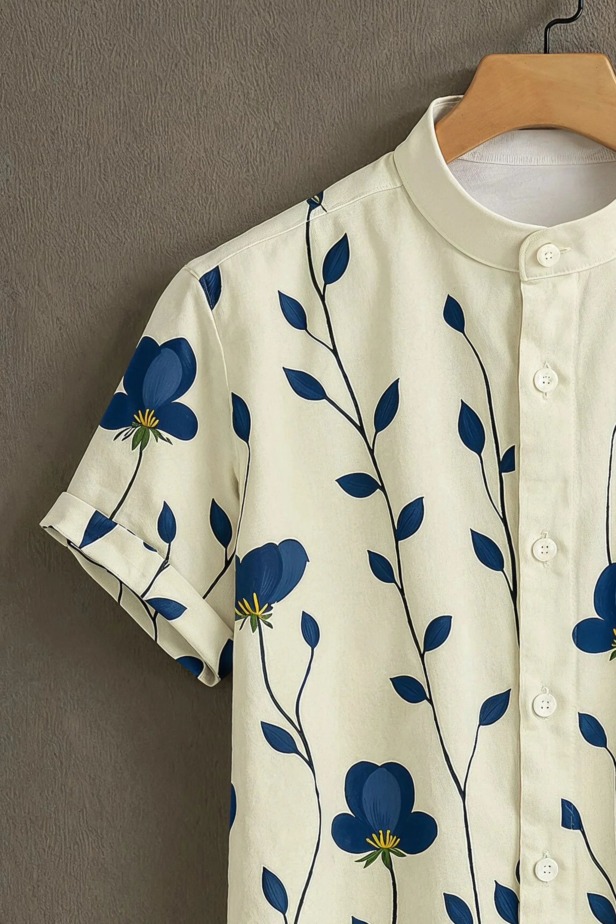 Cream Casual Shirt with Blue Floral Print - Image 3
